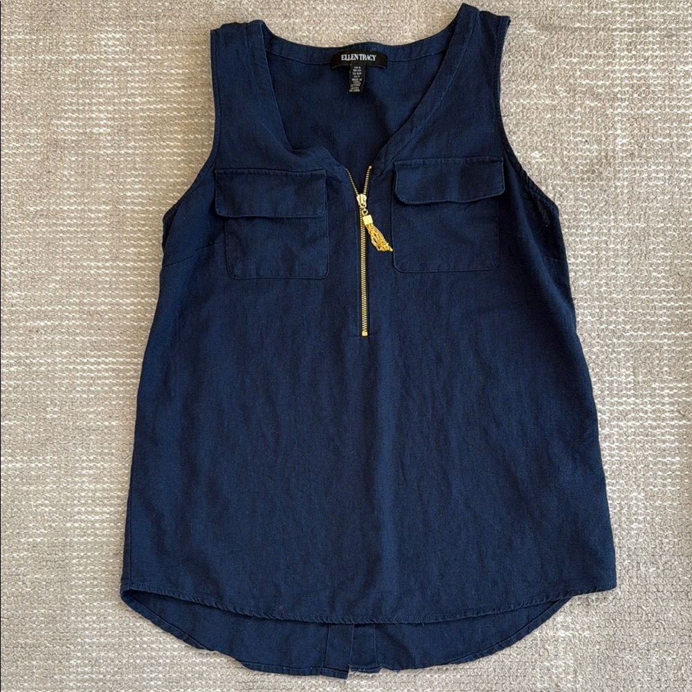 Ellen Tracy navy Blue Sleeveless Tank Top with Gold Zipper Small